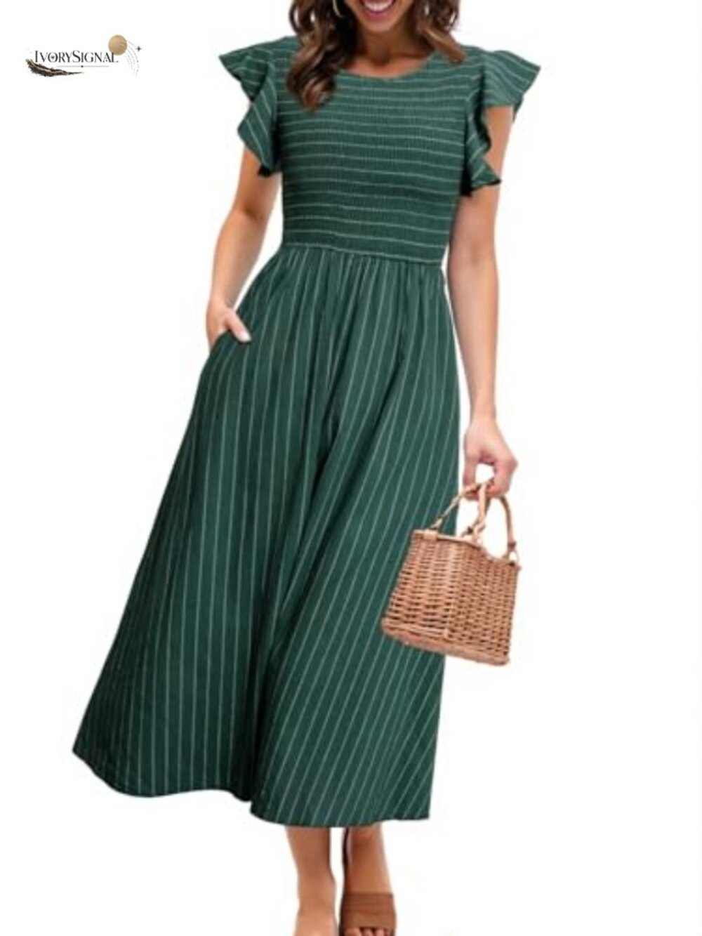 Women's Smocked Midi Summer Dress Flowy Casual Linen with Pockets